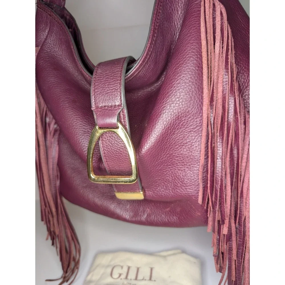 GILI Got It Love It Leather Stirrup Fringe Hobo Bag Oxblood Burgundy w Dust Bag